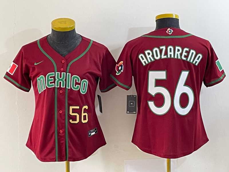 Women's Mexico Baseball #56 Randy Arozarena Number 2023 Red World Classic Stitched Jersey 3